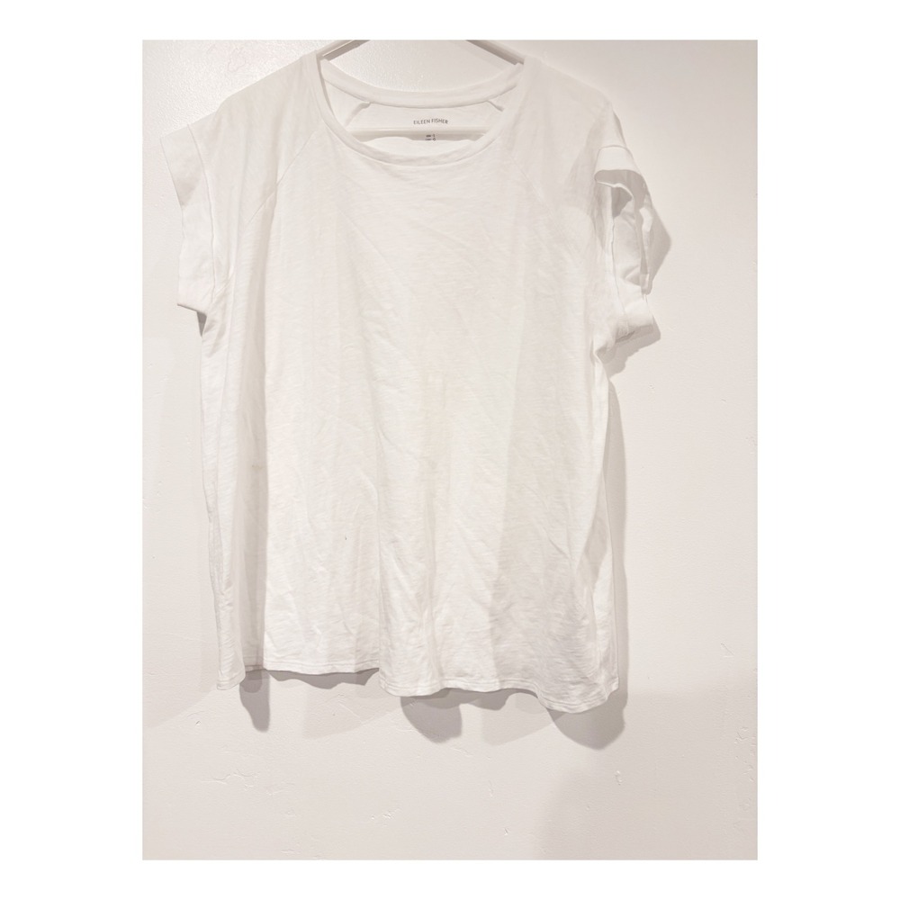 Eileen Fisher Organic Cotton Slub Tee White Short Sleeve Raglan Crew Neck Large
